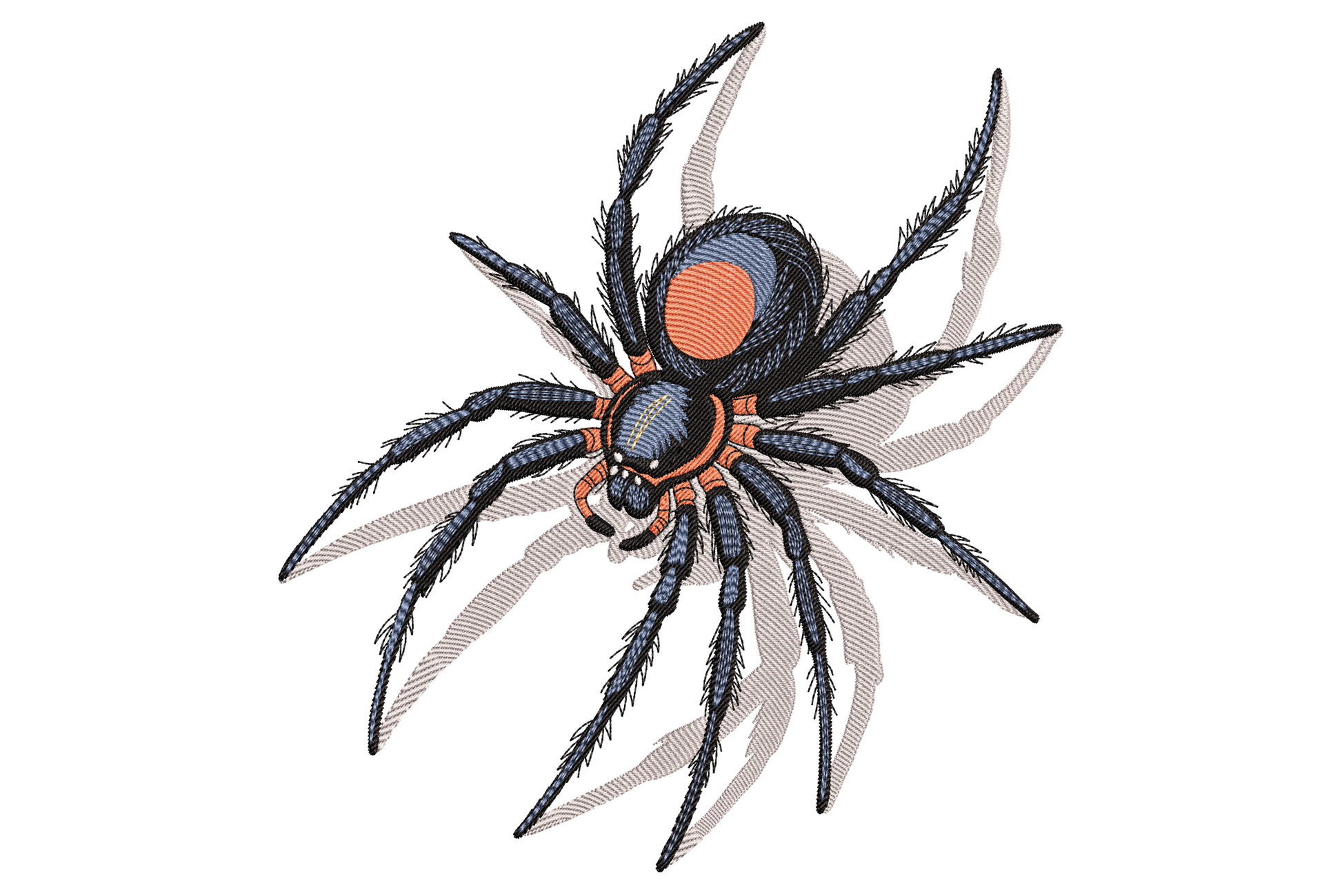 Realistic tarantula spider embroidery seen from above with eight hairy legs splayed wide, dark navy body with bright orange teardrop spot and rust red knee bands