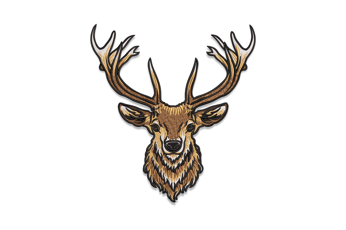 Realistic stag with antlers embroidery design, full frontal face portrait, 5 colors including white muzzle highlight and brown fur texture, 6 sizes up to 10 inches wide
