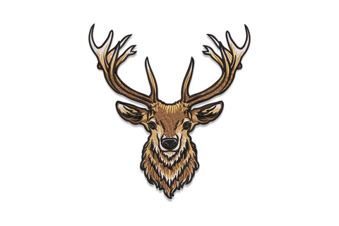 Realistic stag with antlers embroidery design, full frontal face portrait, 5 colors including white muzzle highlight and brown fur texture, 6 sizes up to 10 inches wide