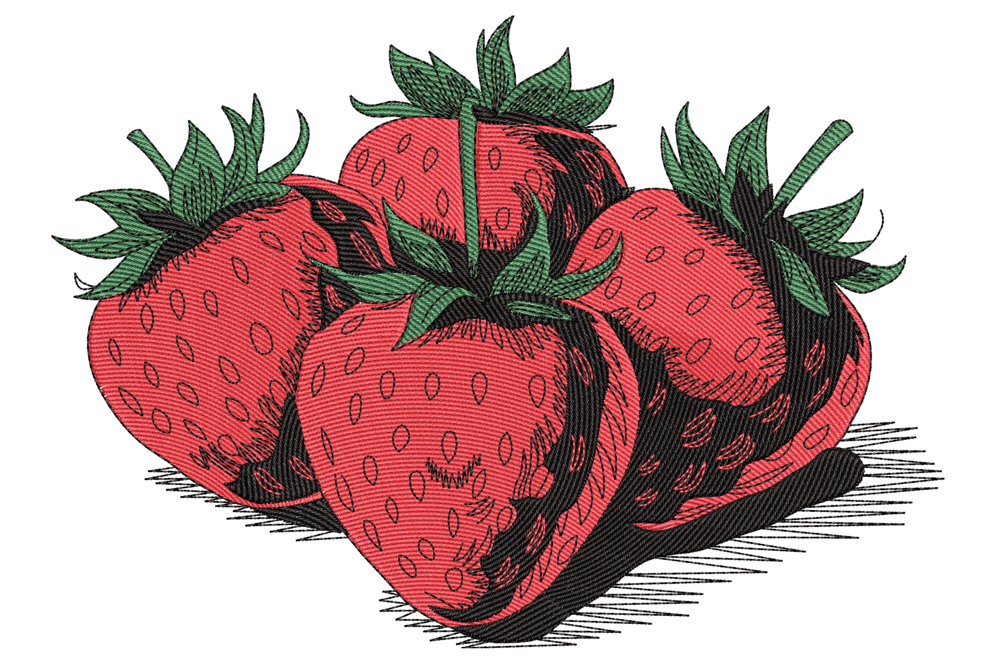Realistic strawberry bunch embroidery with red berries, green leaf stems, fine black seed detail and hatched ink shadow.
