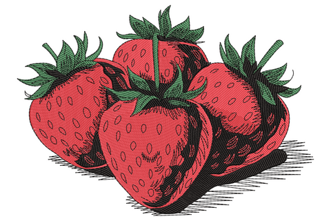 Realistic strawberry bunch embroidery with red berries, green leaf stems, fine black seed detail and hatched ink shadow.
