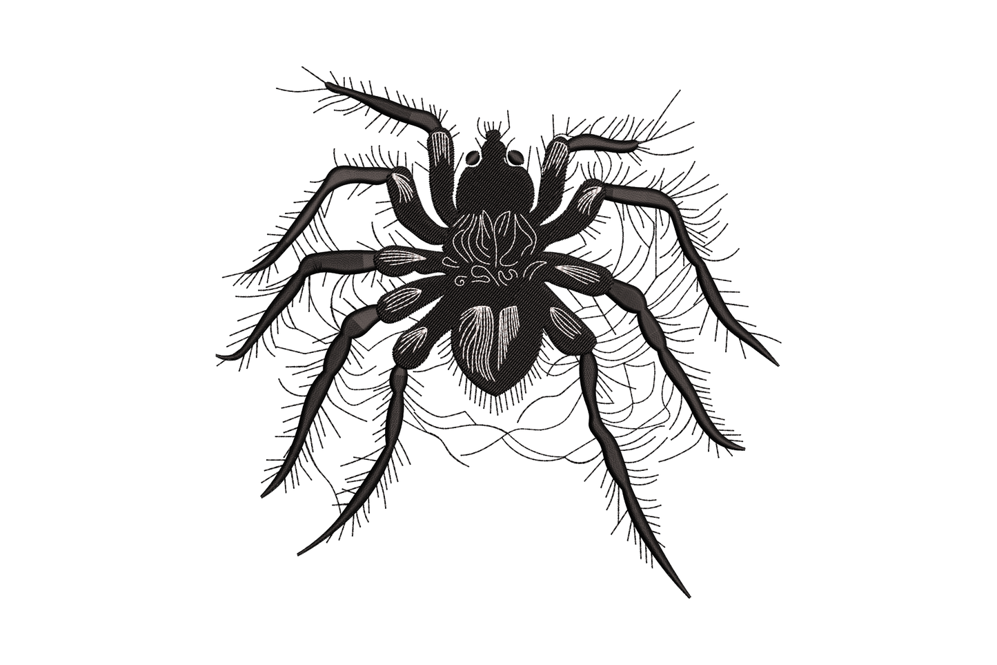 Realistic tarantula spider machine embroidery, black on white, hairy legs and abdomen markings in naturalist style