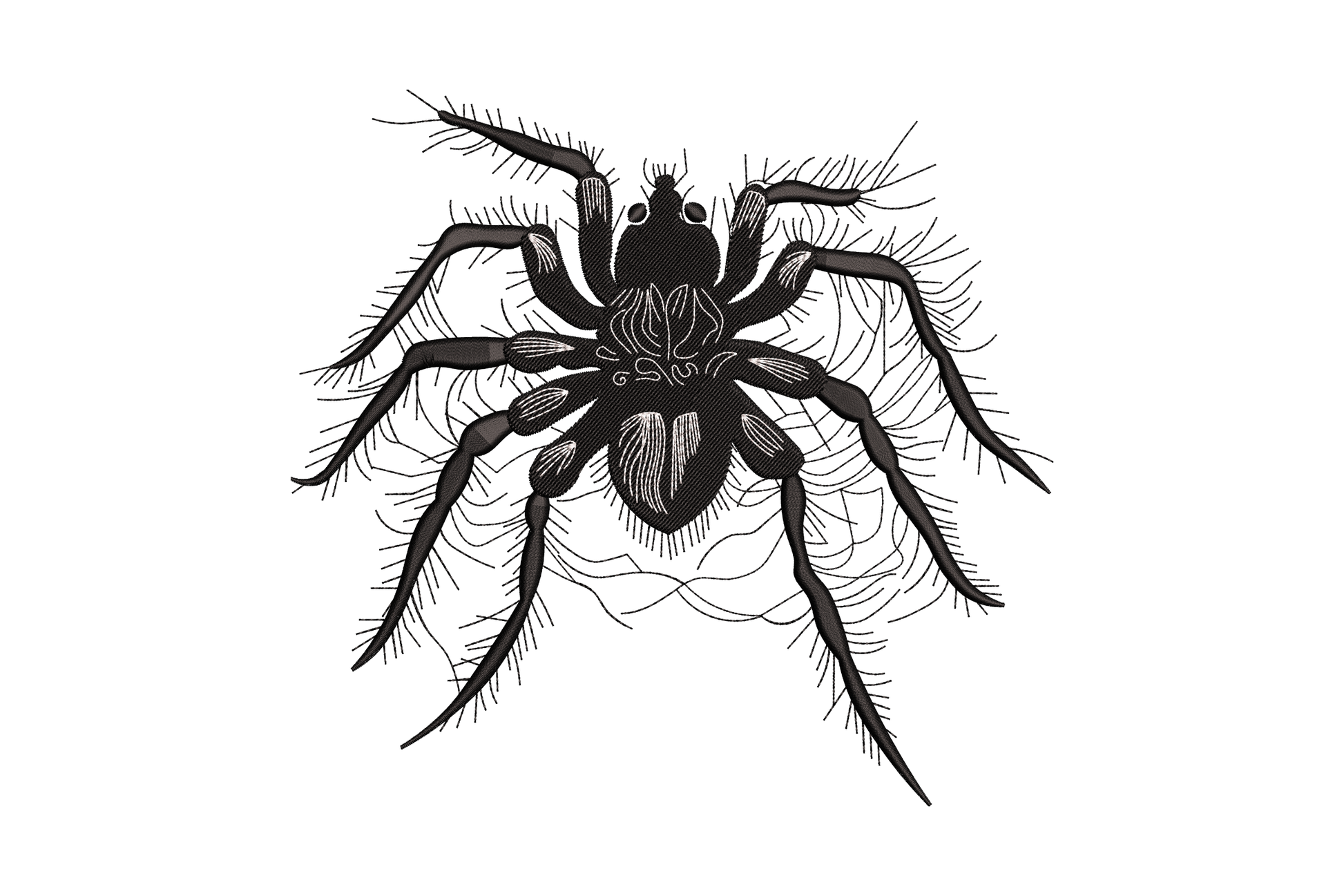 Realistic tarantula spider machine embroidery, black on white, hairy legs and abdomen markings in naturalist style
