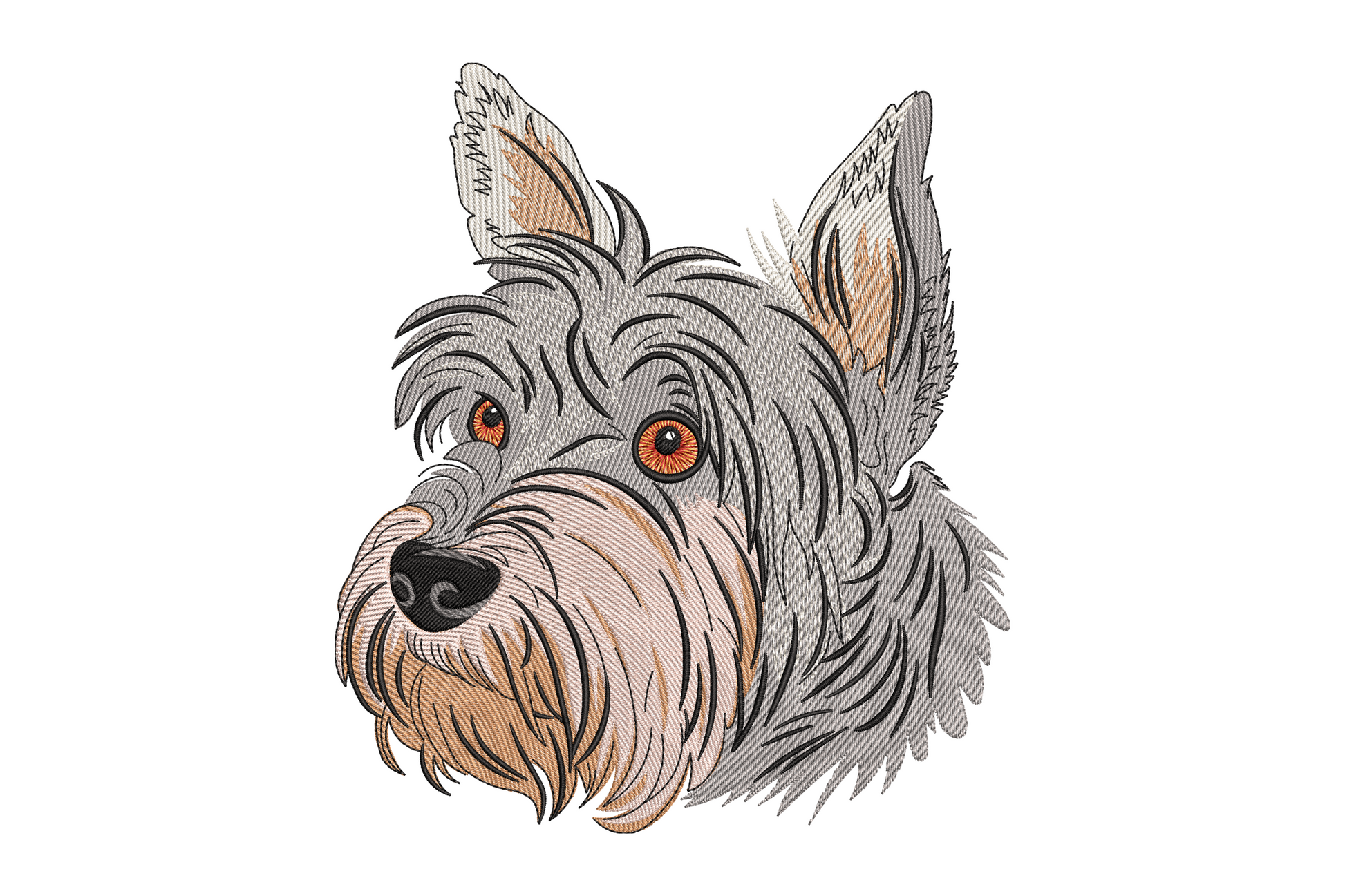 Realistic terrier dog portrait embroidery design, directional fur stitching in tan and brown with 8 thread colours