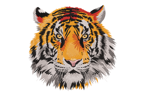 Realistic tiger face embroidery design, front-on portrait with amber eyes and detailed directional fur texture in orange, black and white