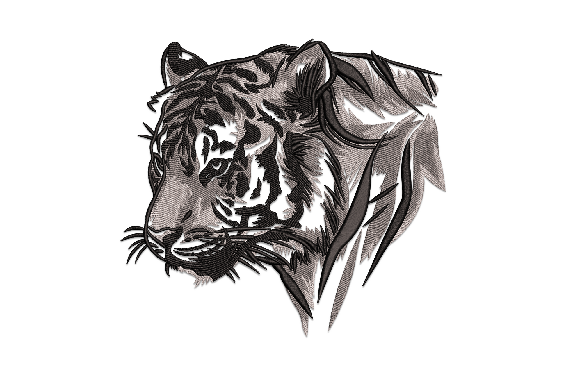 Realistic tiger head embroidery design with amber eyes, directional fur stitching and black stripe markings, close-up portrait facing forward
