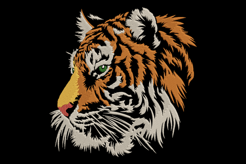 Realistic tiger head embroidery design in amber-orange with black stripe bands, white muzzle patch and pale yellow eyes, forward-facing portrait, five colours.