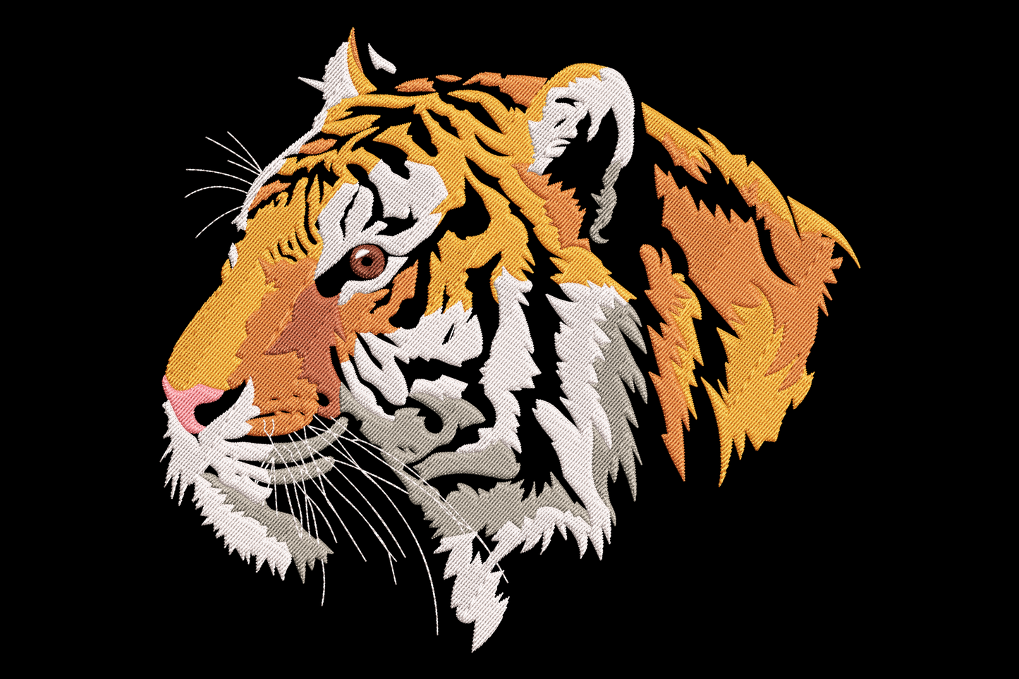 Realistic wild tiger face embroidery design, front-facing portrait with directional orange fur stitching, black stripes and intense amber eyes, 7 colours