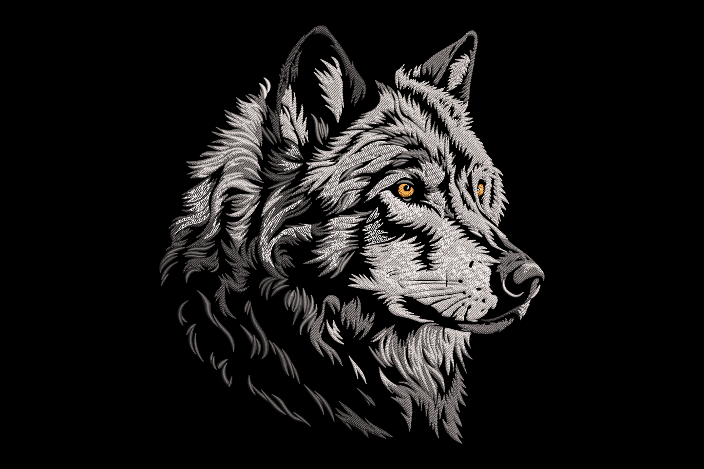 Realistic wolf head embroidery design in three-quarter profile, silver-grey layered fur, amber eyes, dark stitched background, mane ruff at jaw and neck.
