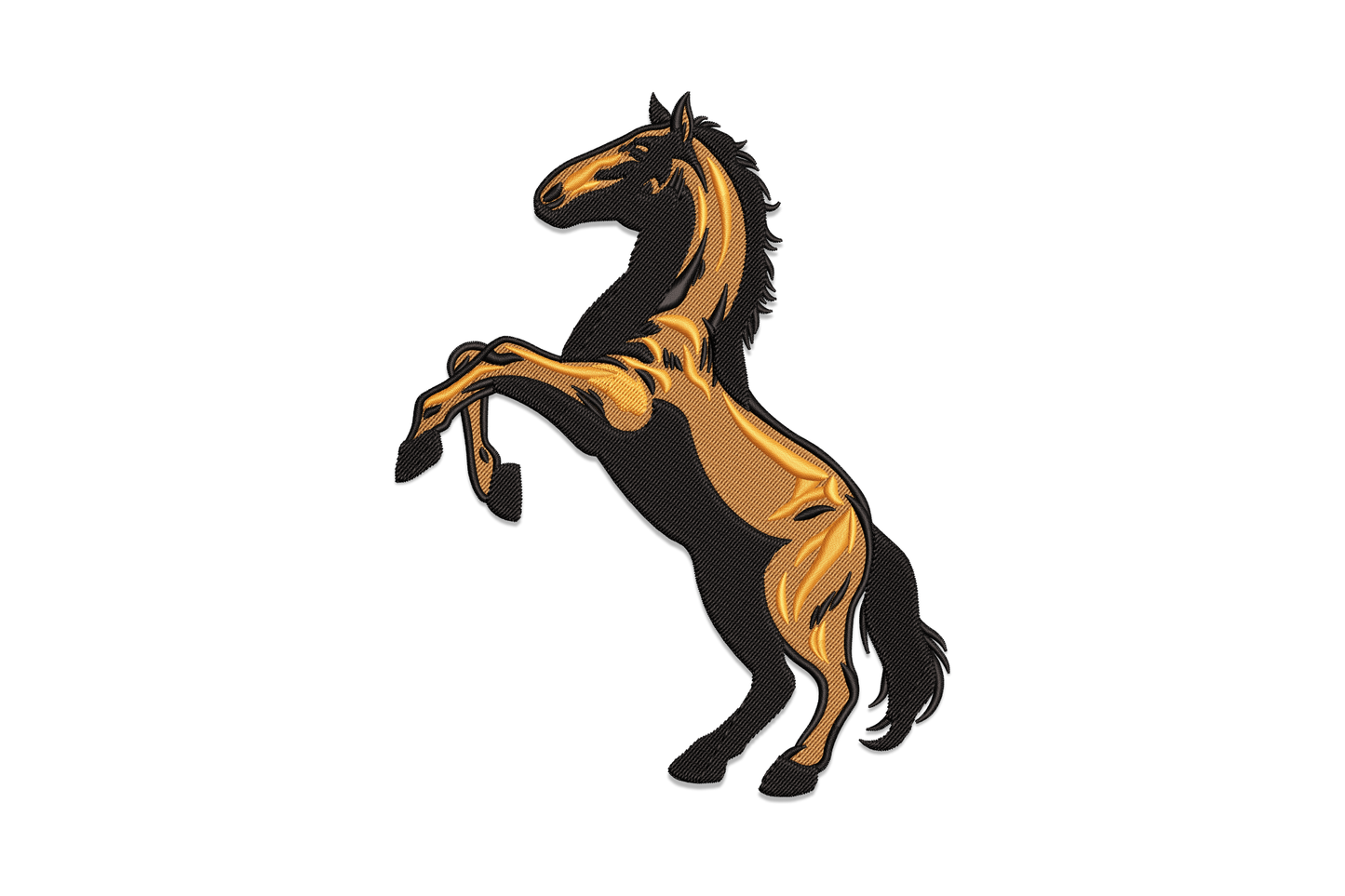 Rearing horse embroidery design with warm amber brown body, orange chest highlights and black mane, horse standing up on hind legs.