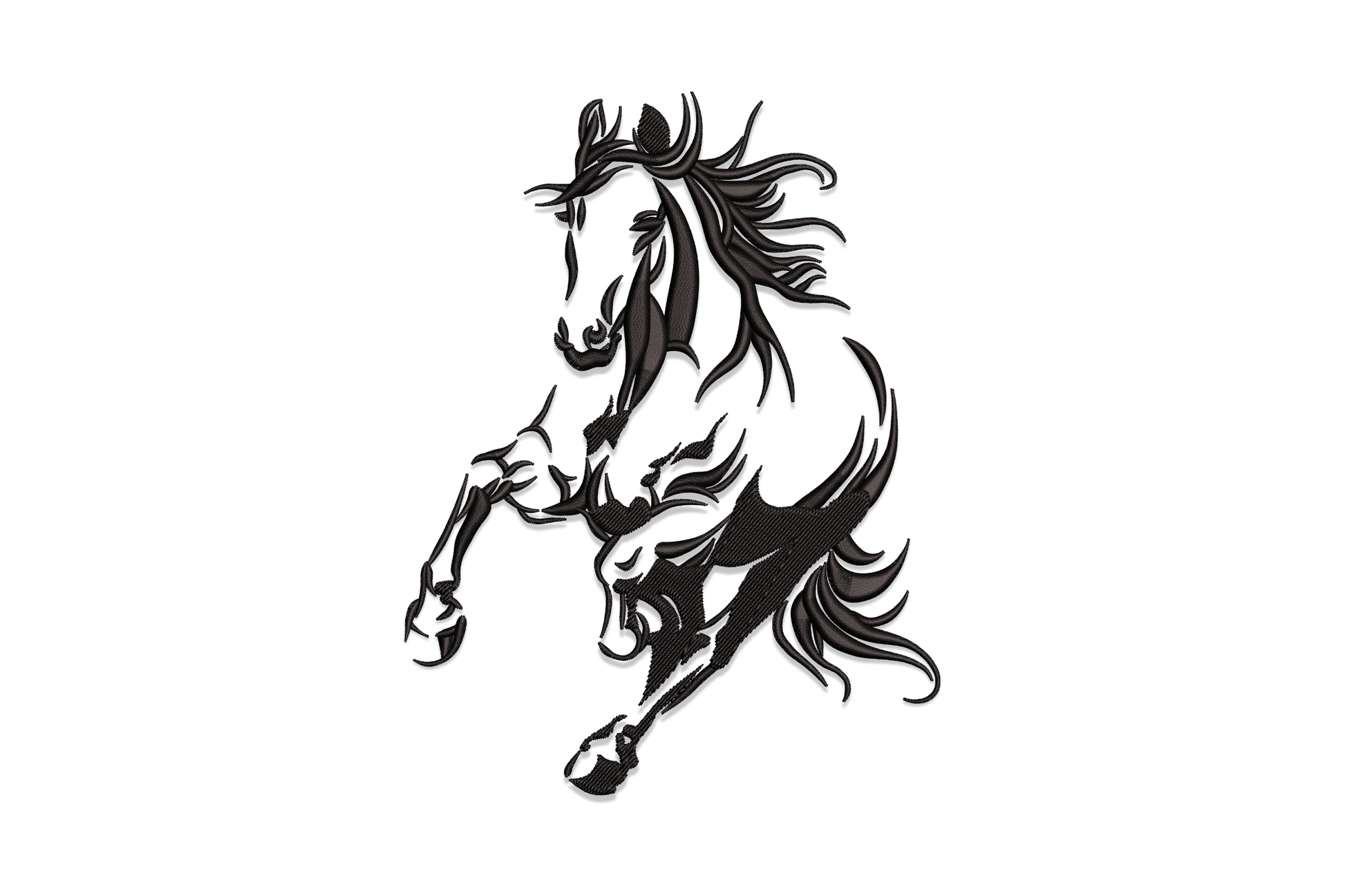 Rearing horse silhouette embroidery design, detailed black line-art with flowing mane and tail, horse on hind legs, white background.