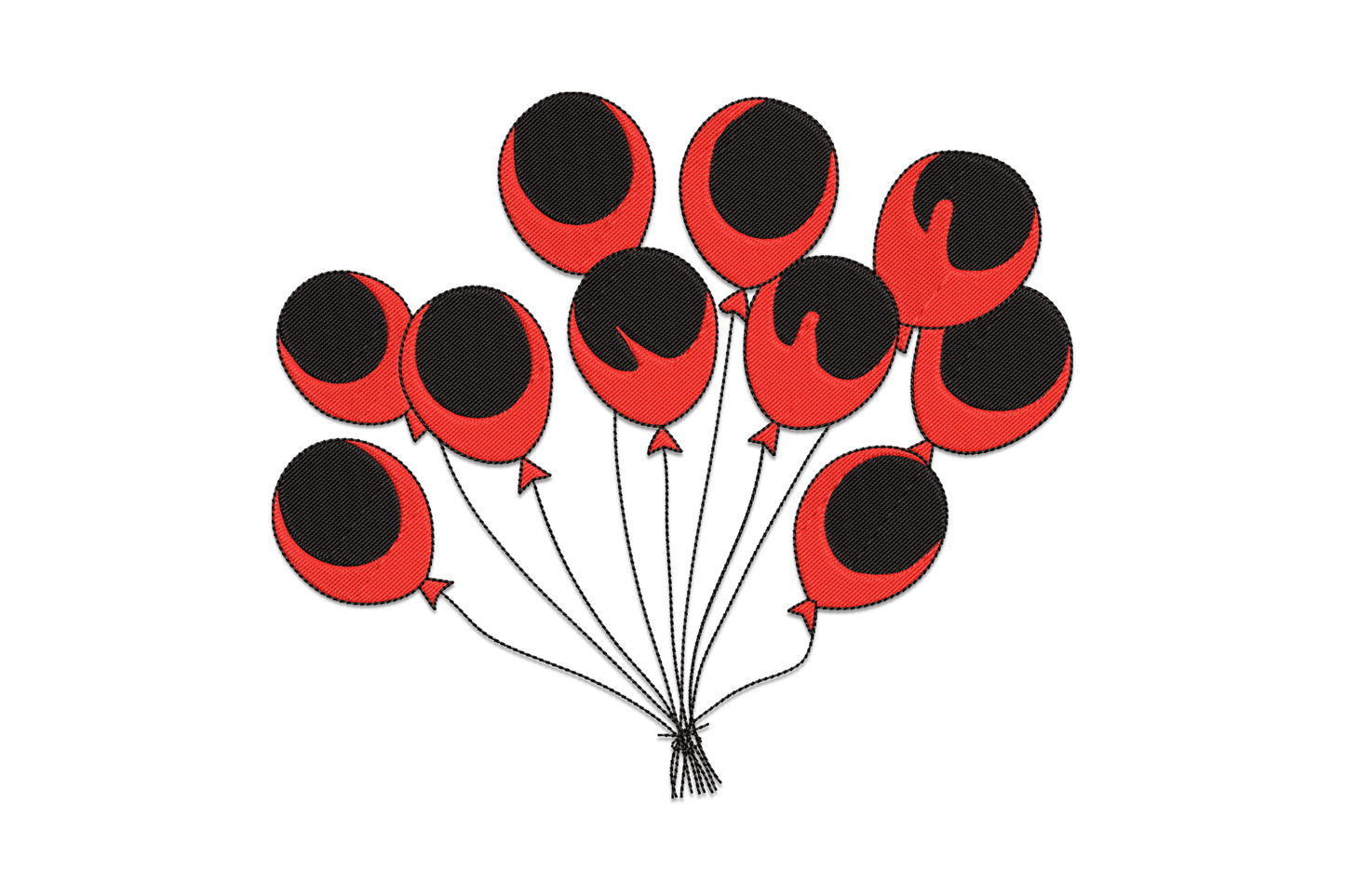 Red and black balloon bundle embroidery with satin fills, curling ribbon strings and bold outlines in 2 thread colours on white fabric