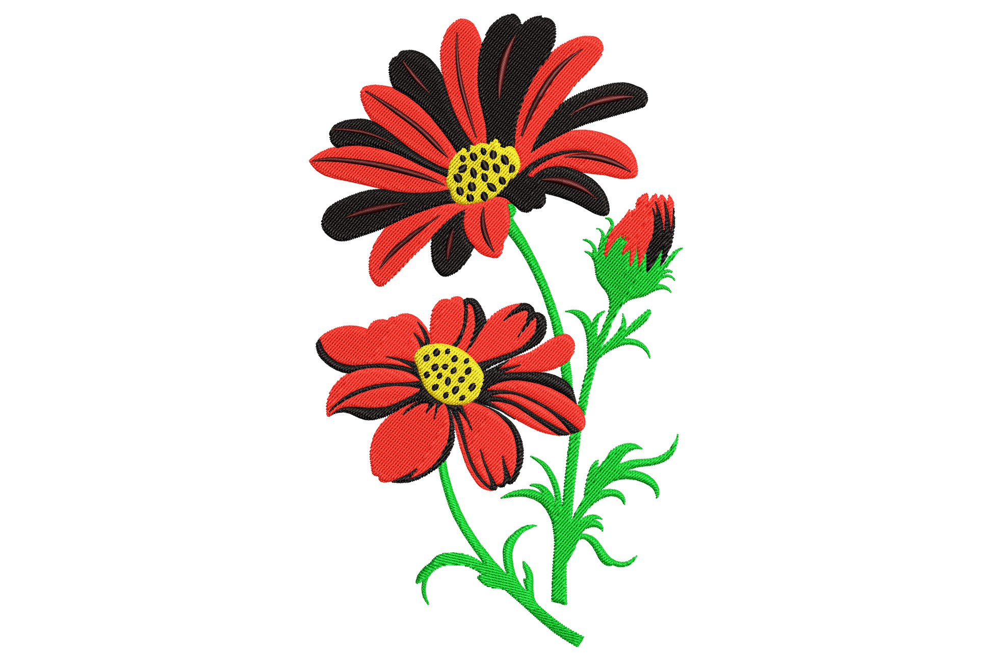 Red and black daisy flower embroidery design with two blooms on a green stem, bold crimson petals with dark tips and yellow centres.