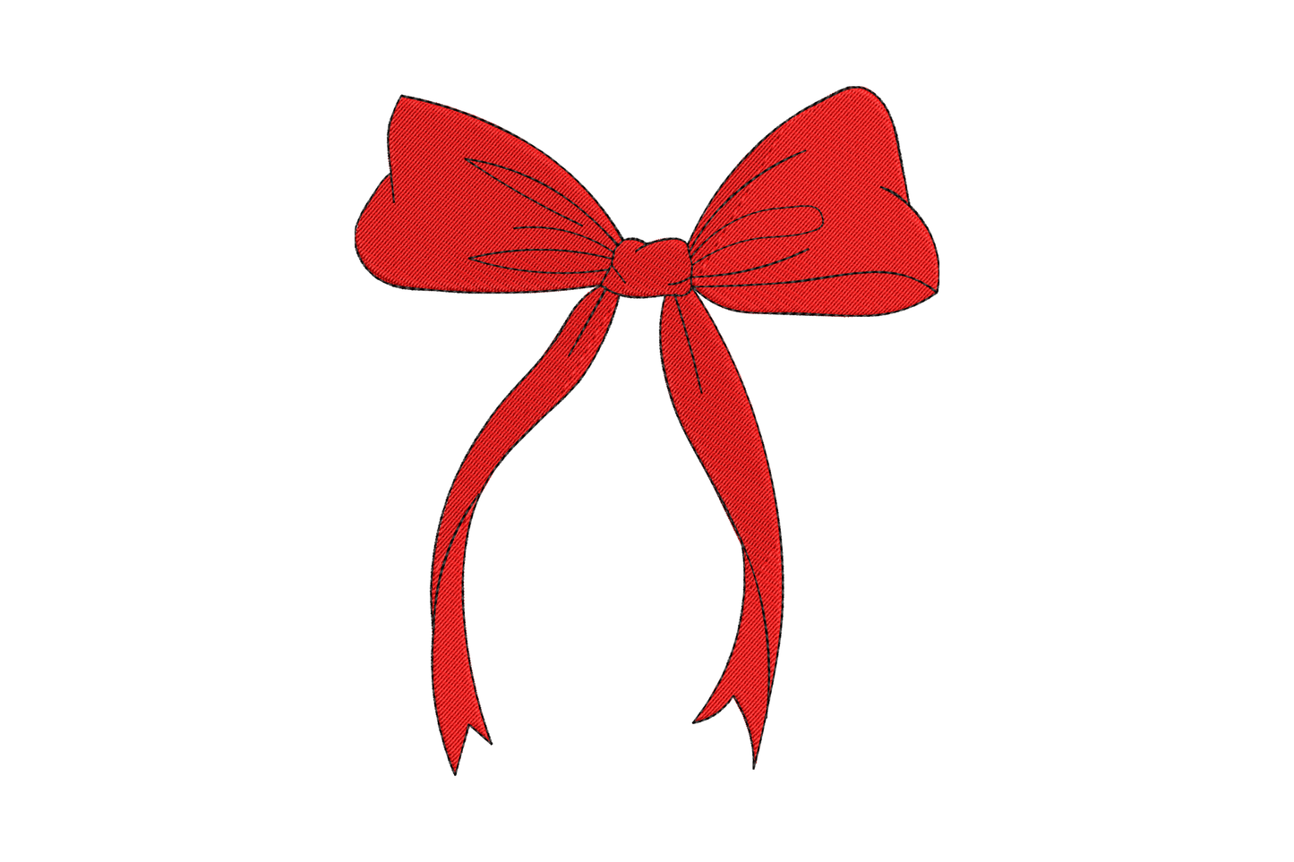 Simple red bow embroidery with soft satin fill, trailing ribbon tails and black outline detail, 2 colours in 5 sizes.