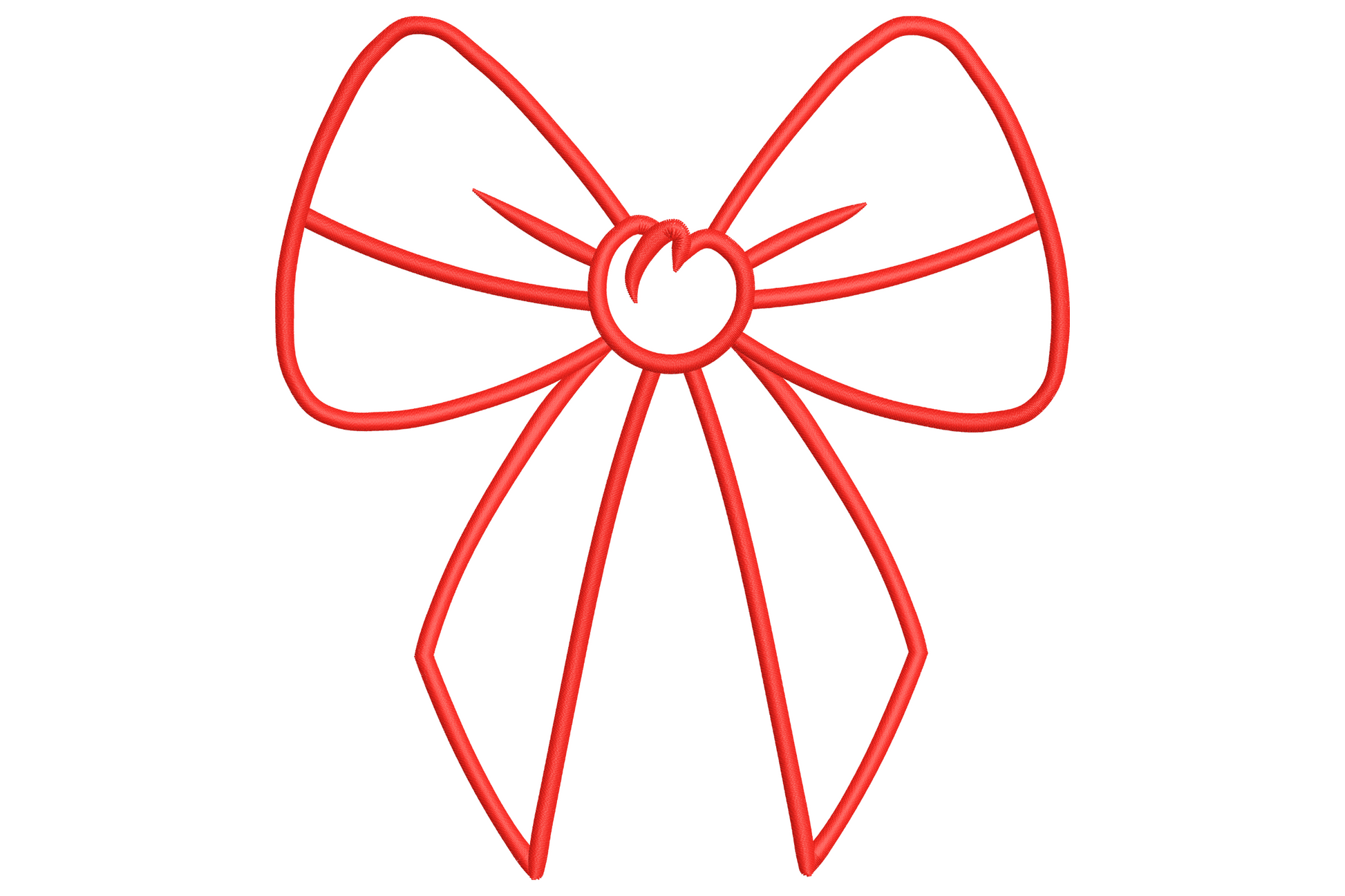Red bow outline embroidery, two triangular loops, knotted centre with radiating spokes and two ribbon tails, no fill.