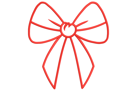 Red bow outline embroidery, two triangular loops, knotted centre with radiating spokes and two ribbon tails, no fill.