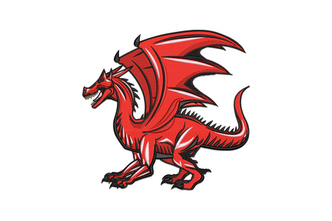Fierce red dragon embroidery design in standing pose with wings spread and mouth open on white