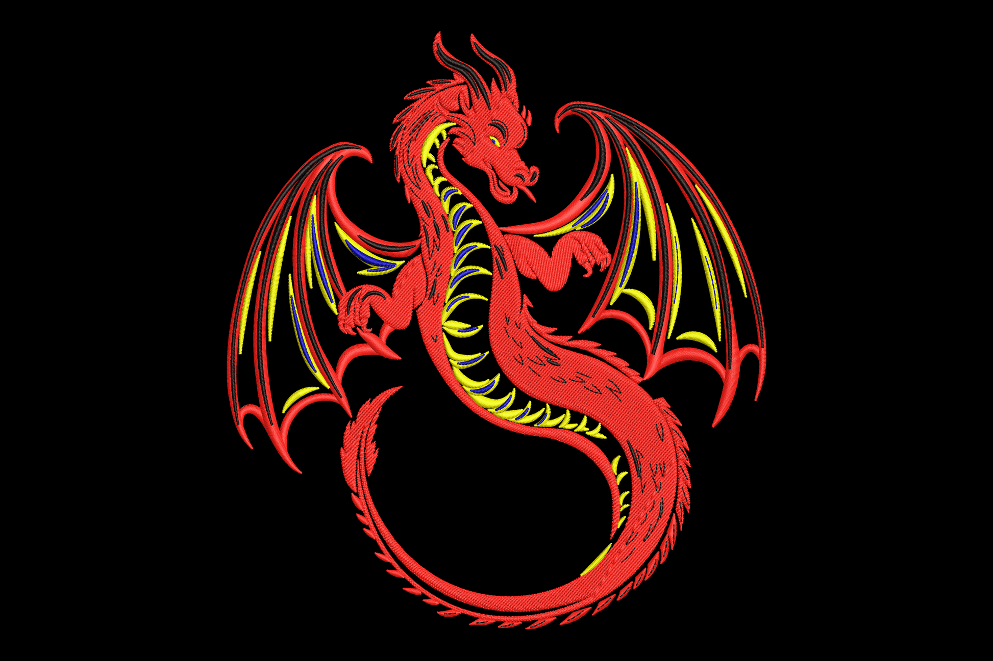 Red dragon embroidery design in deep crimson with golden-orange belly, maroon wings with ribbing lines and charcoal outline, rearing side-profile pose, four colours.