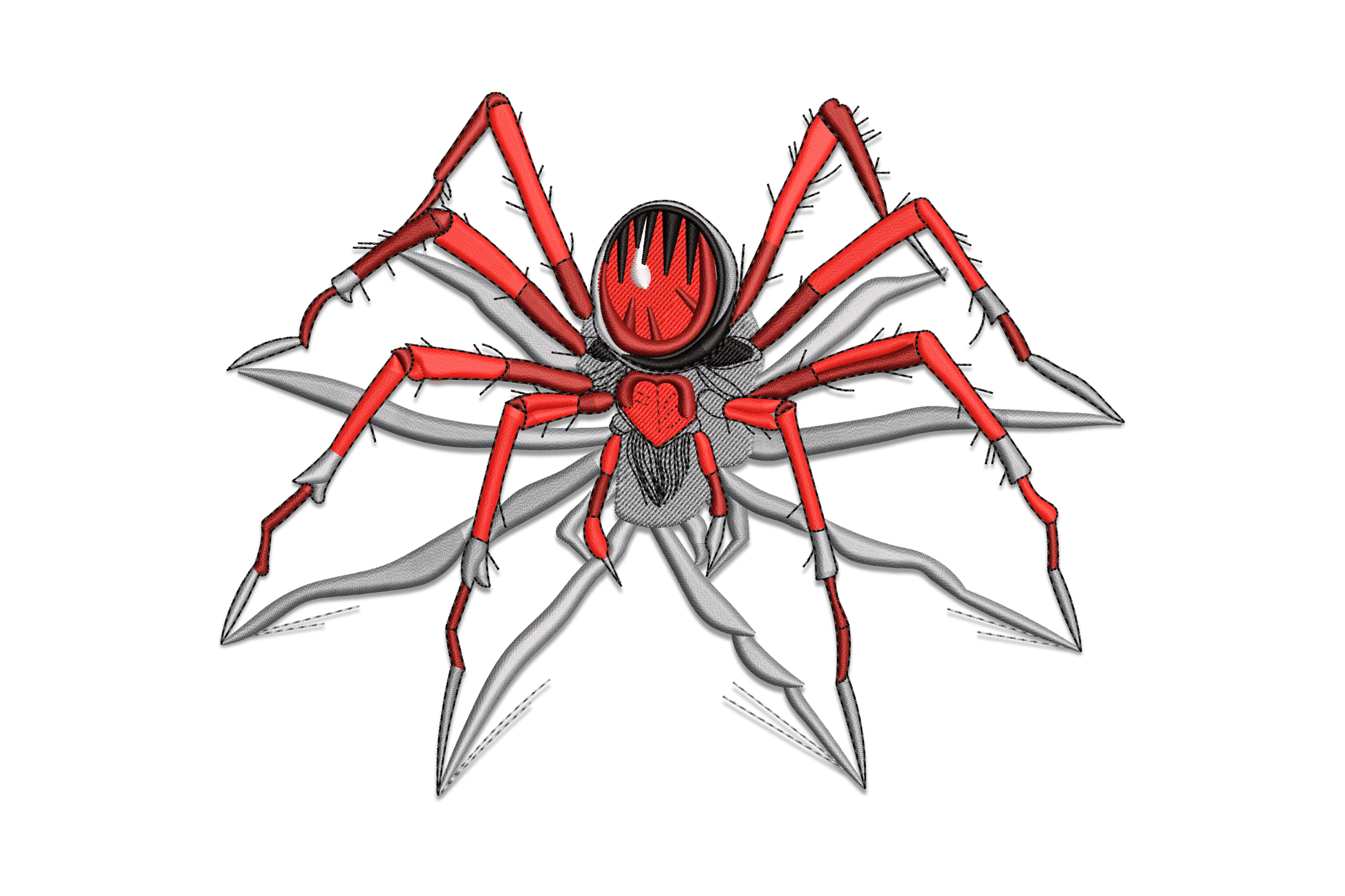 Red flame spider with vivid red legs, crimson body shading and white highlight marks on black abdomen, five-colour machine embroidery design