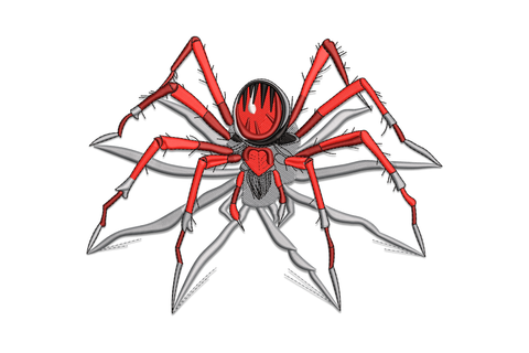 Red flame spider with vivid red legs, crimson body shading and white highlight marks on black abdomen, five-colour machine embroidery design