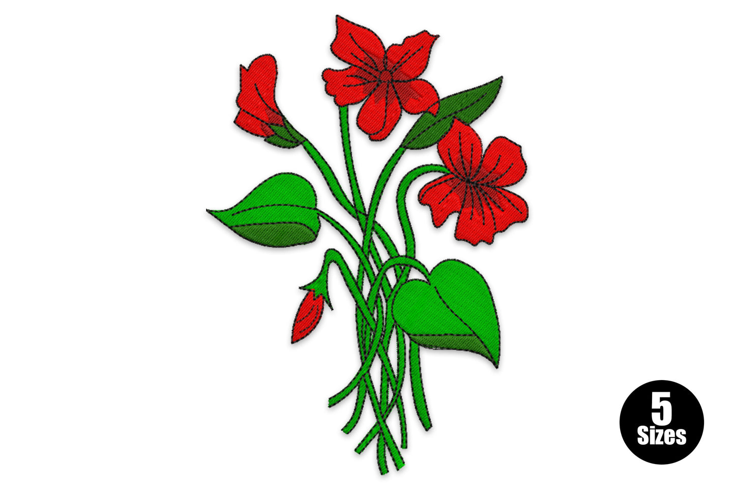 Embroidery of a red floral bouquet with three open blooms, a bud, and large green leaves on loose stems in a classic garden arrangement.