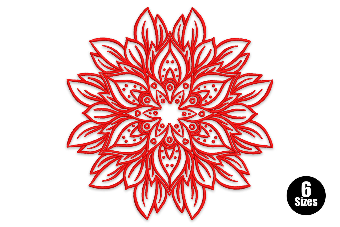 Red floral mandala embroidery design with radiating outline leaf petals, dot clusters between tiers, and concentric circle centre detail on white background.