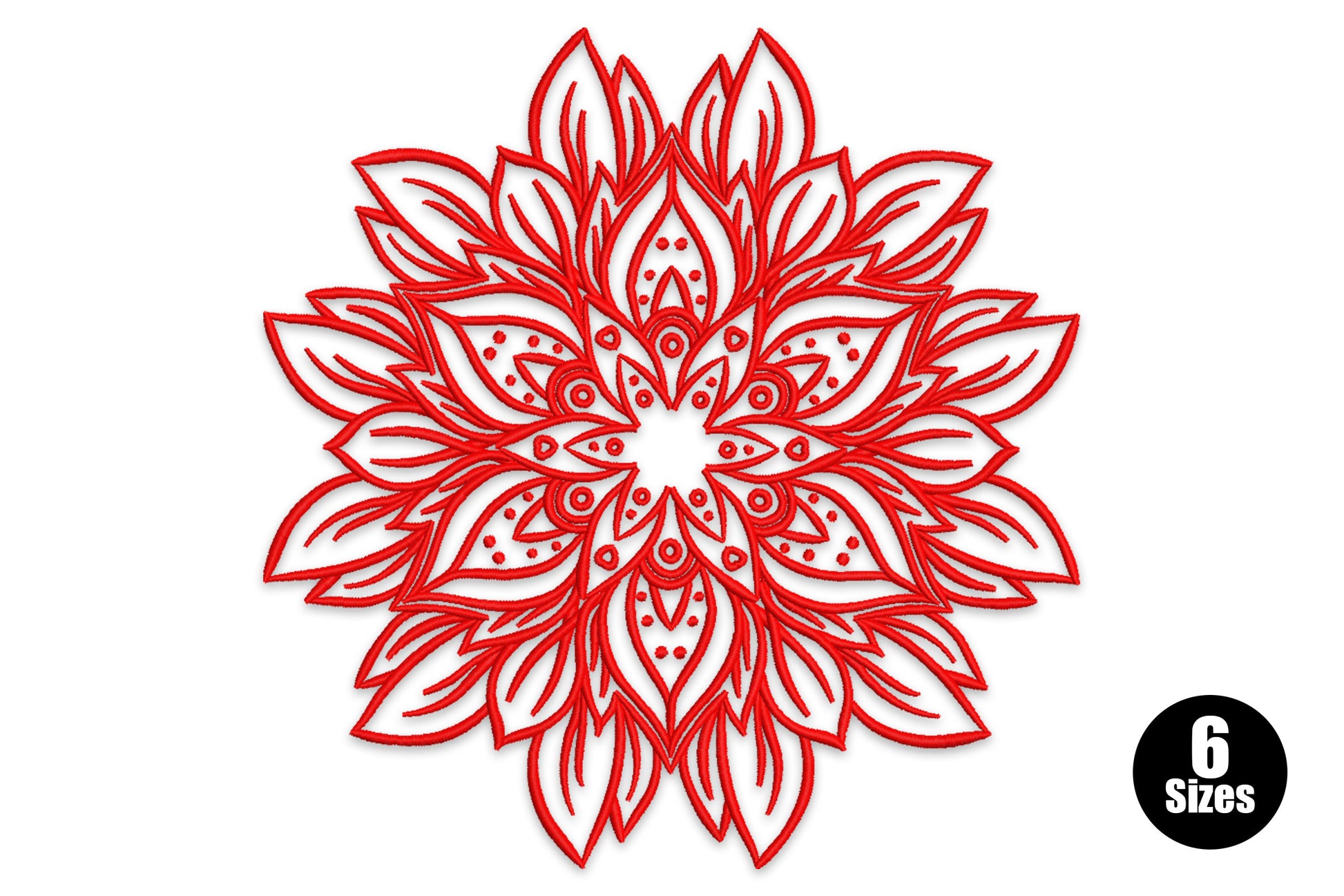 Red floral mandala embroidery design with radiating outline leaf petals, dot clusters between tiers, and concentric circle centre detail on white background.