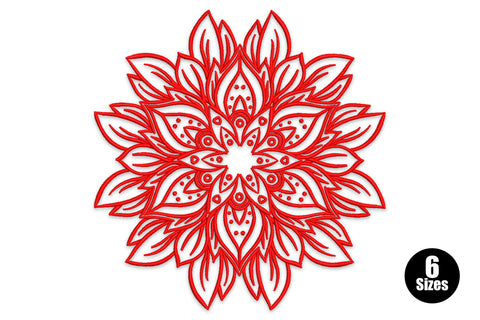 Red floral mandala embroidery design with radiating outline leaf petals, dot clusters between tiers, and concentric circle centre detail on white background.