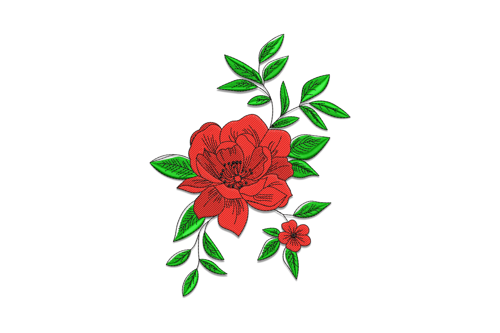 Red flower branch embroidery with an open peony in crimson and burgundy, dark green tatami leaves and a small bud on the branch.