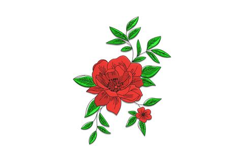 Red flower branch embroidery with an open peony in crimson and burgundy, dark green tatami leaves and a small bud on the branch.