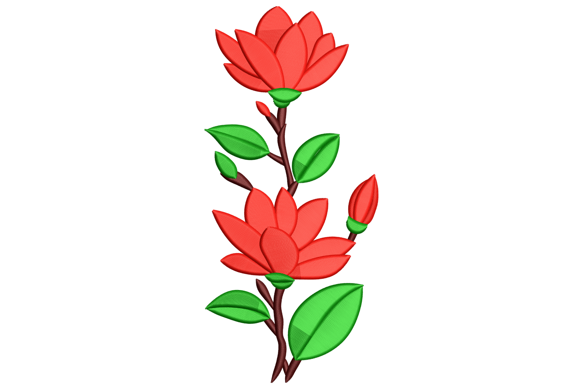 Red flower stem embroidery with two open lotus-style red blooms, side bud, brown branching stem and four bright green leaves.