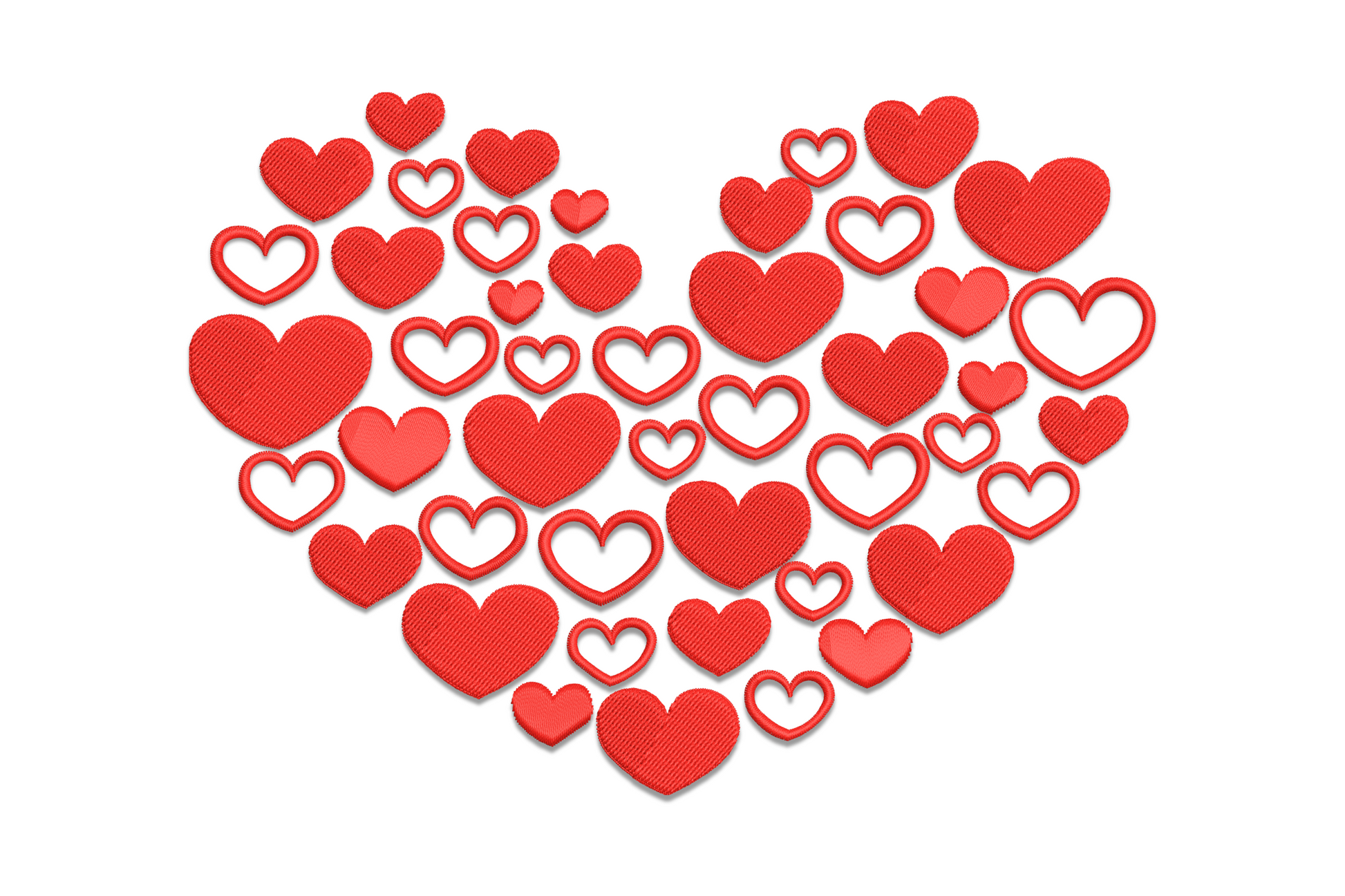 Red heart cluster embroidery design made of many small hearts arranged to form one large heart silhouette