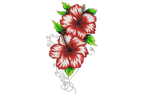 Bold red hibiscus pair embroidery with white-streaked satin petals, gold stamens, green leaves and scroll tendrils.
