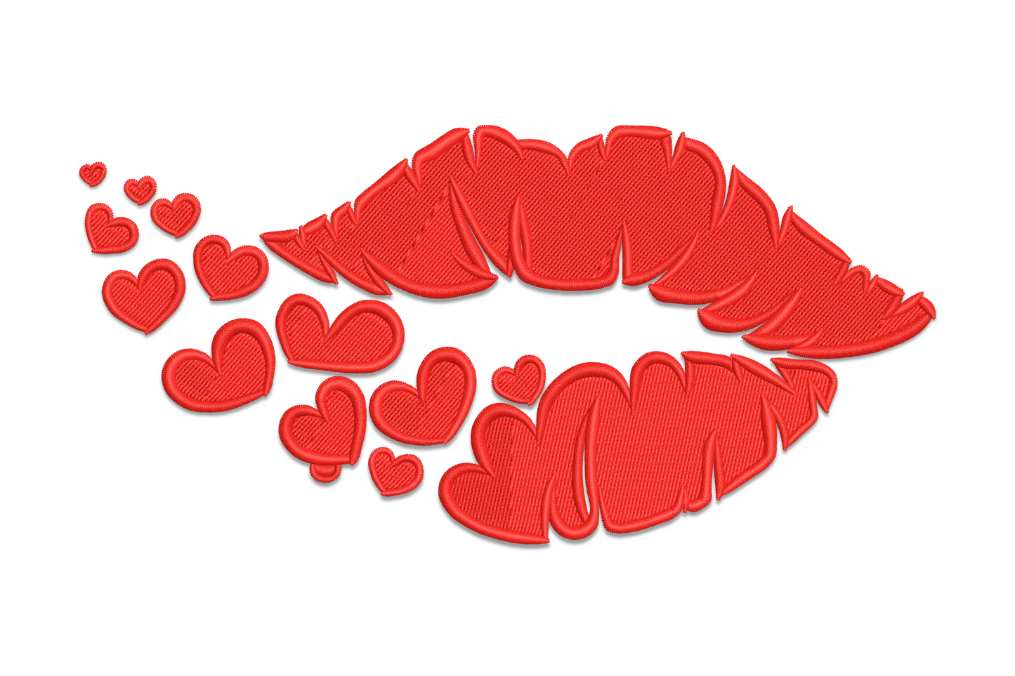 Red lips embroidery built from heart segments with scattered floating mini hearts to the left of the main lip shape.