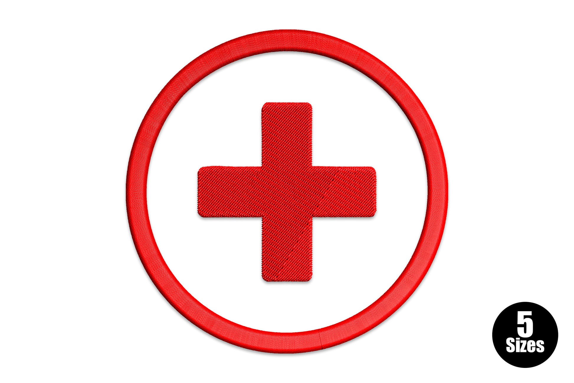 Red medical cross inside circle embroidery design, single colour bold satin fill, clean healthcare symbol on white background
