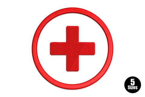 Red medical cross inside circle embroidery design, single colour bold satin fill, clean healthcare symbol on white background