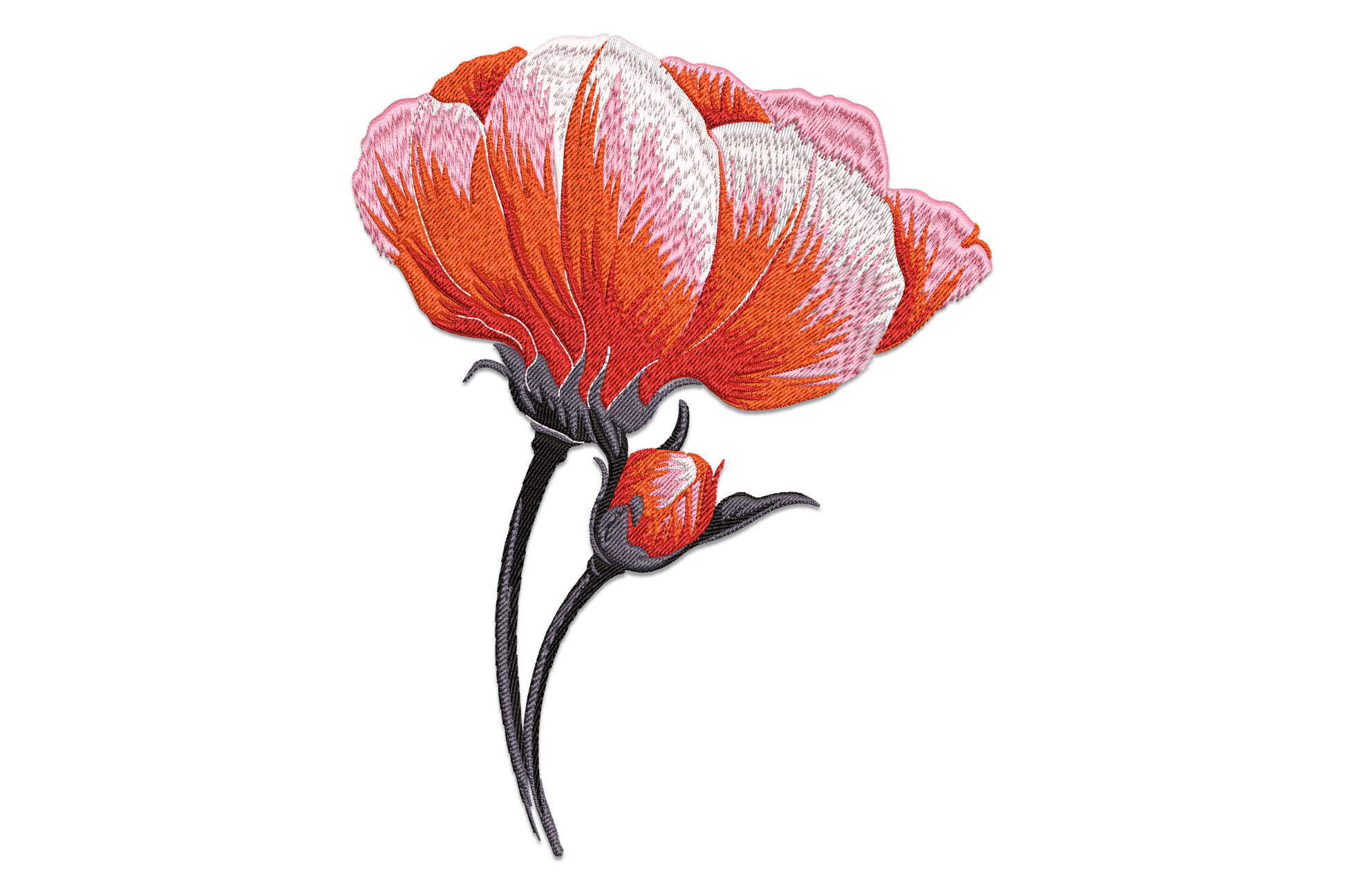 Open red peony embroidery with fringed petals in coral to dark paprika, closed bud and long curved dark stem, machine embroidery design on white background