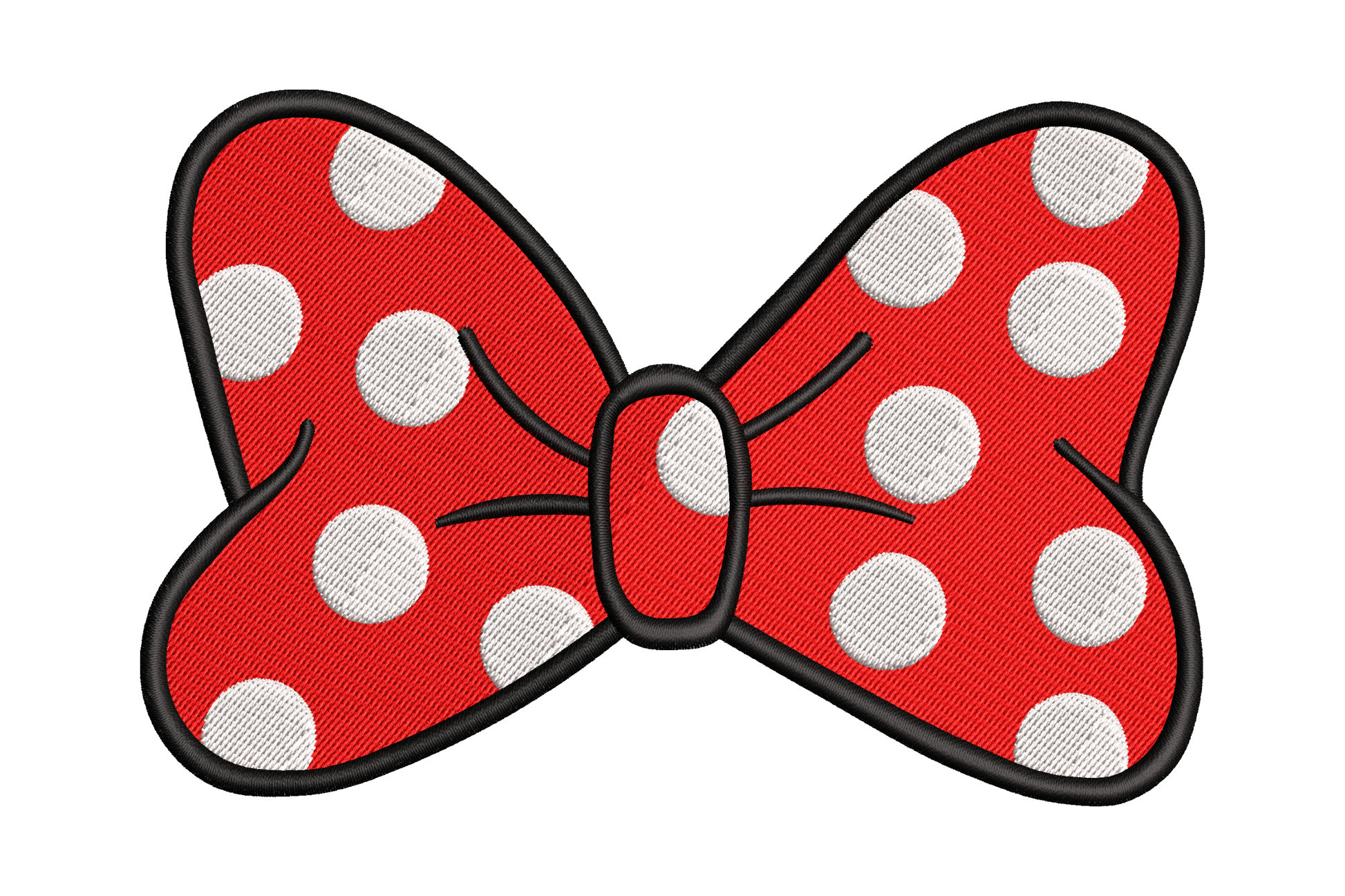 Red polka dot bow embroidery with white dot fill, black outline and centre knot, 3 colours across 5 sizes.