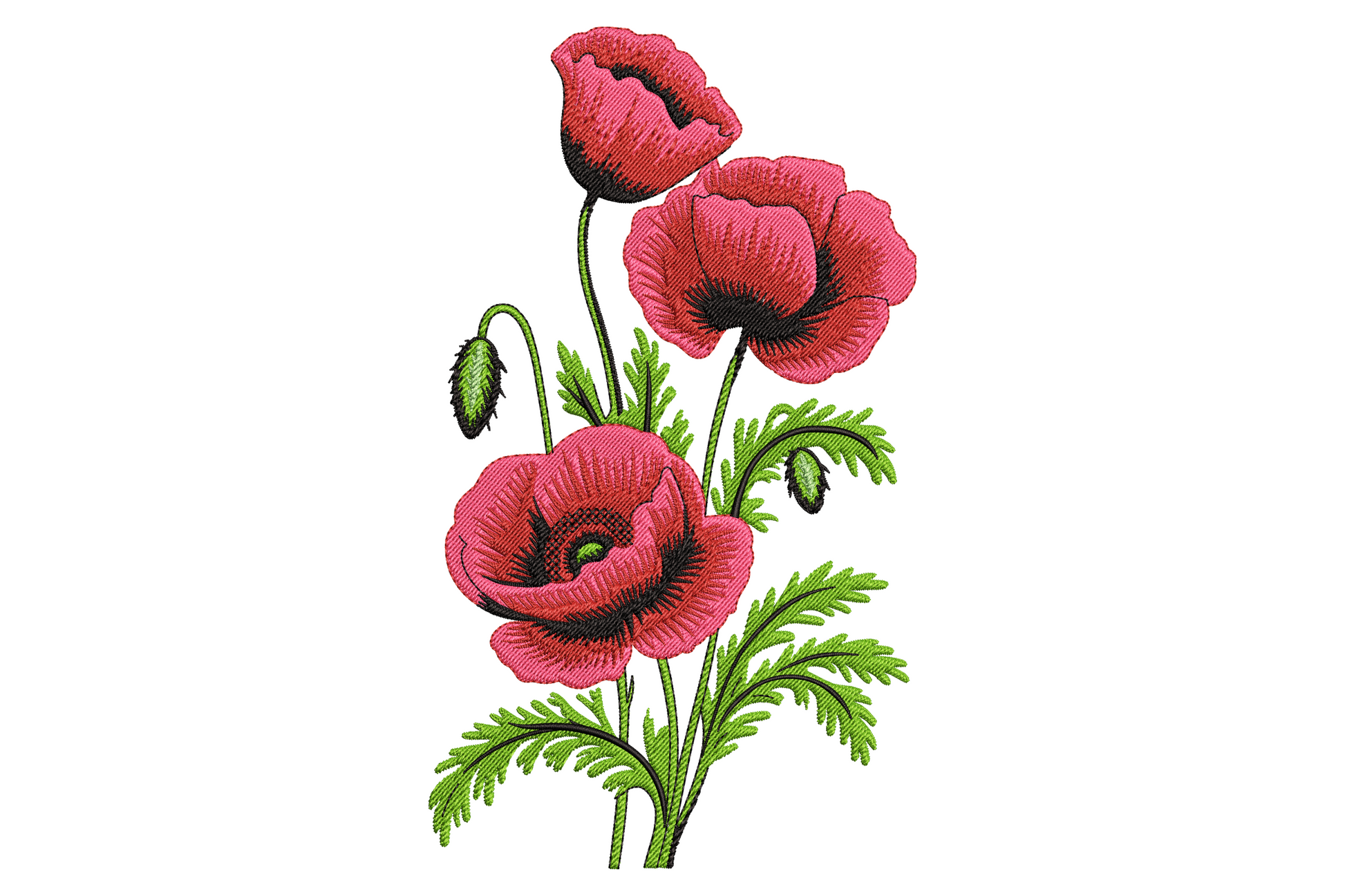 Red poppy flower embroidery design, three pink-red poppies with black centres and fern-like green leaves in vertical bouquet