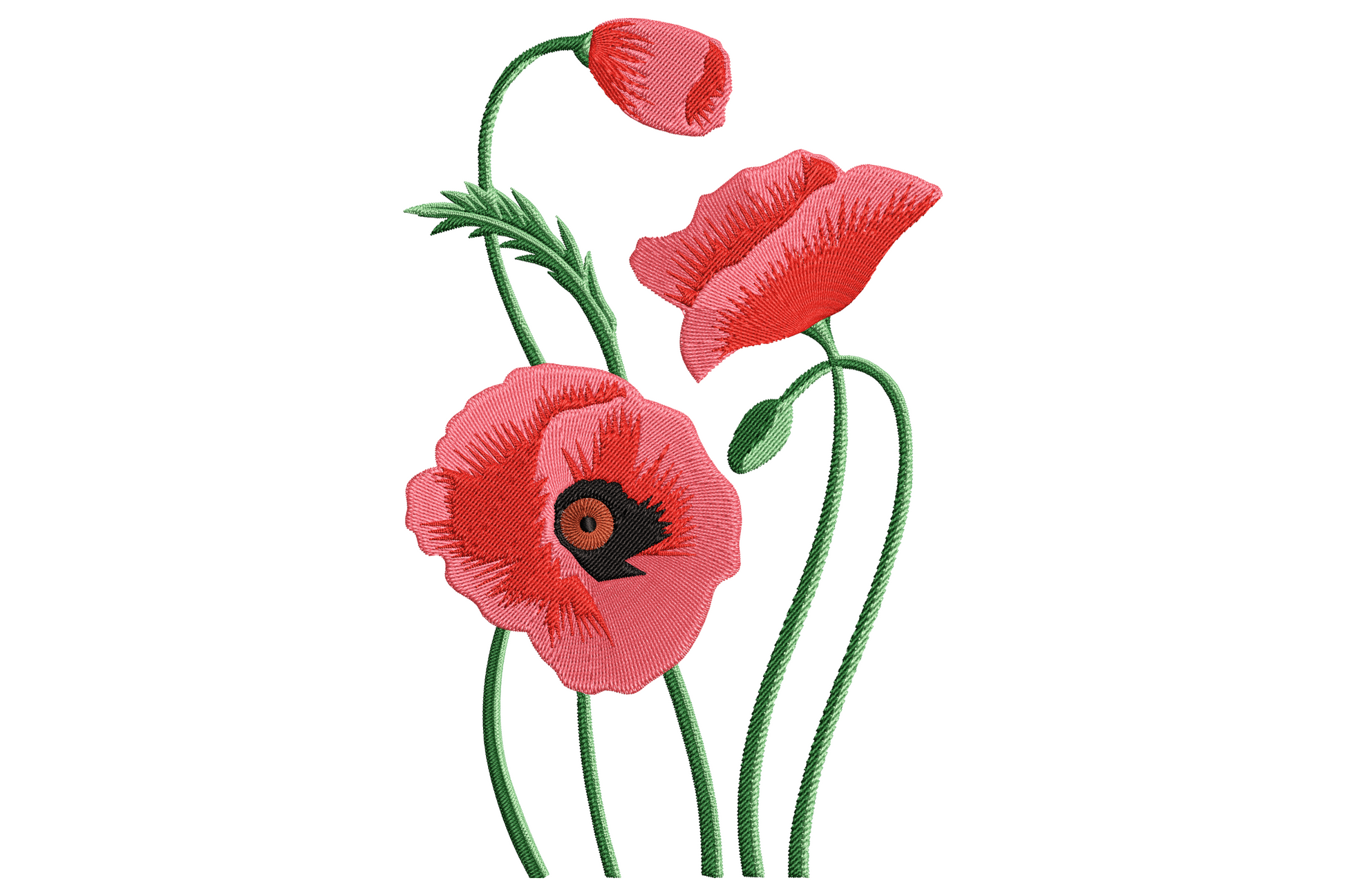 Red poppy flower embroidery design with one open coral red bloom, one side bud and one closed bud on tall green stems