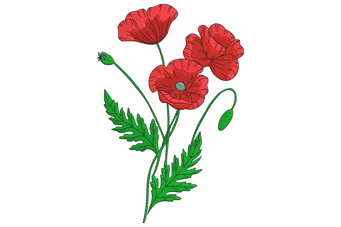 Three crimson red poppy blooms with one bud on curved stems, dark serrated foliage, 5-colour botanical embroidery.