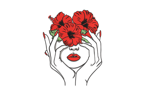 Woman's lower face, hands raised, two red hibiscus flowers over her eyes, green leaves, fine black line art.