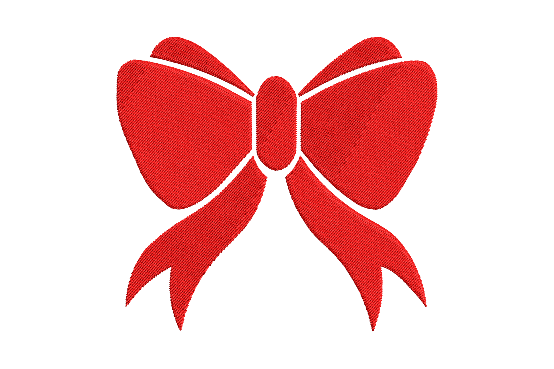 Red ribbon bow embroidery with long trailing tails and full rounded loops, single red colour in 4 sizes from 3007 to 13806 stitches.