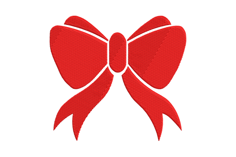Red ribbon bow embroidery with long trailing tails and full rounded loops, single red colour in 4 sizes from 3007 to 13806 stitches.