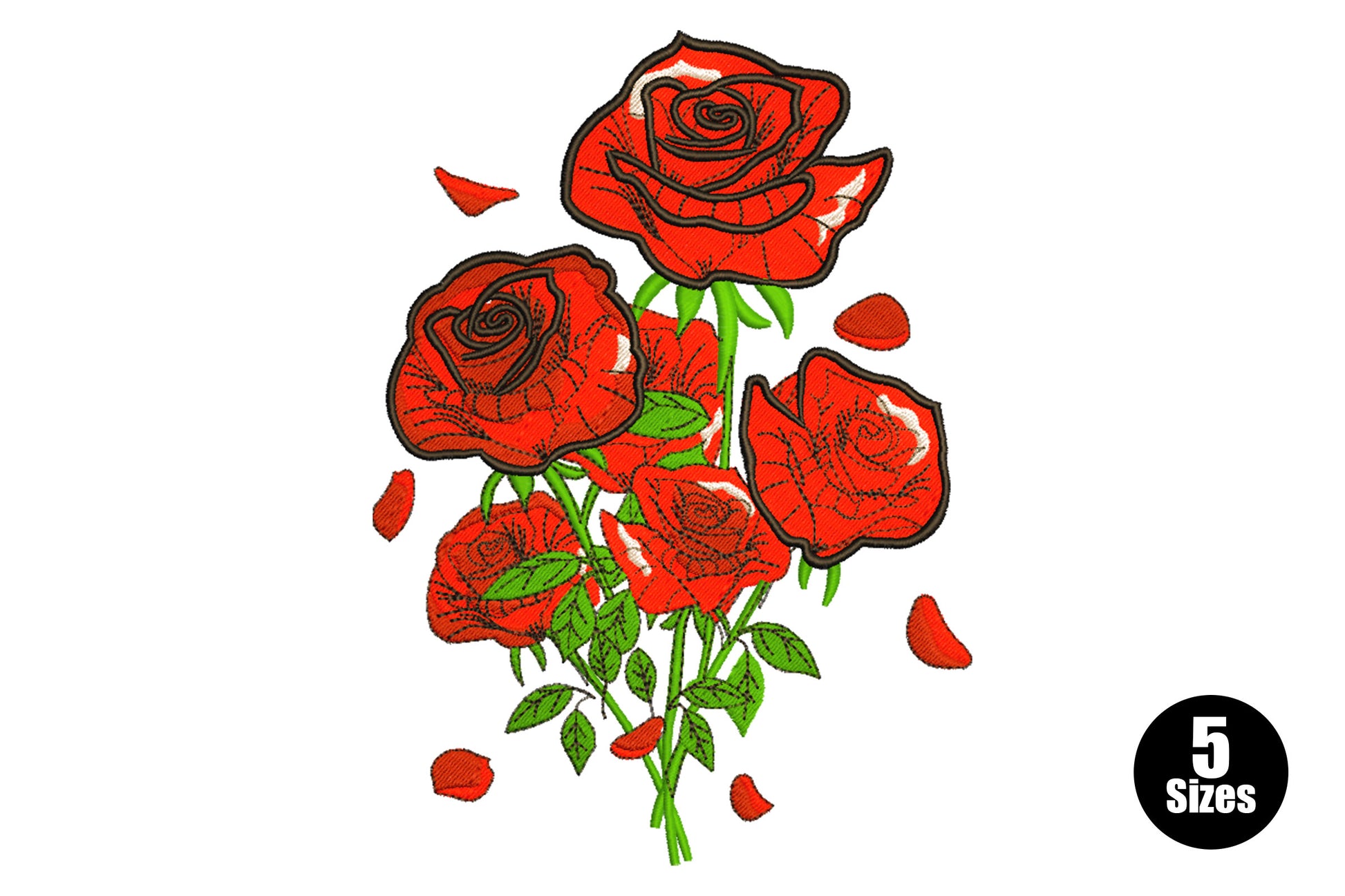 Red rose bouquet embroidery design with five roses in varying bloom stages, scattered petals, dark green leaves and thick black graphic outlines.