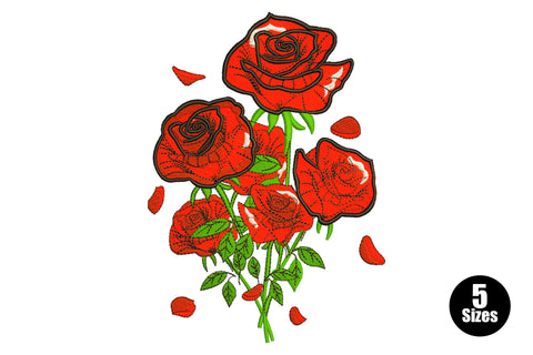 Red rose bouquet embroidery design with five roses in varying bloom stages, scattered petals, dark green leaves and thick black graphic outlines.