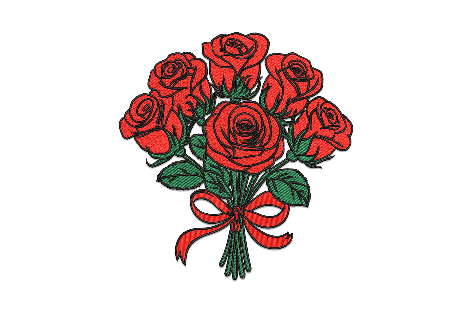 Embroidery design of a red rose bouquet with ribbon bow, three colour dense fill including deep red petals and green leaves
