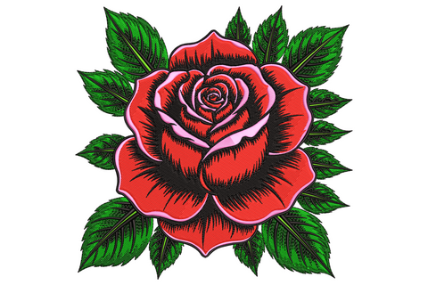 Bold tattoo-style red rose embroidery design with layered crimson petals, pink highlight, and deep green pointed leaves on white background.