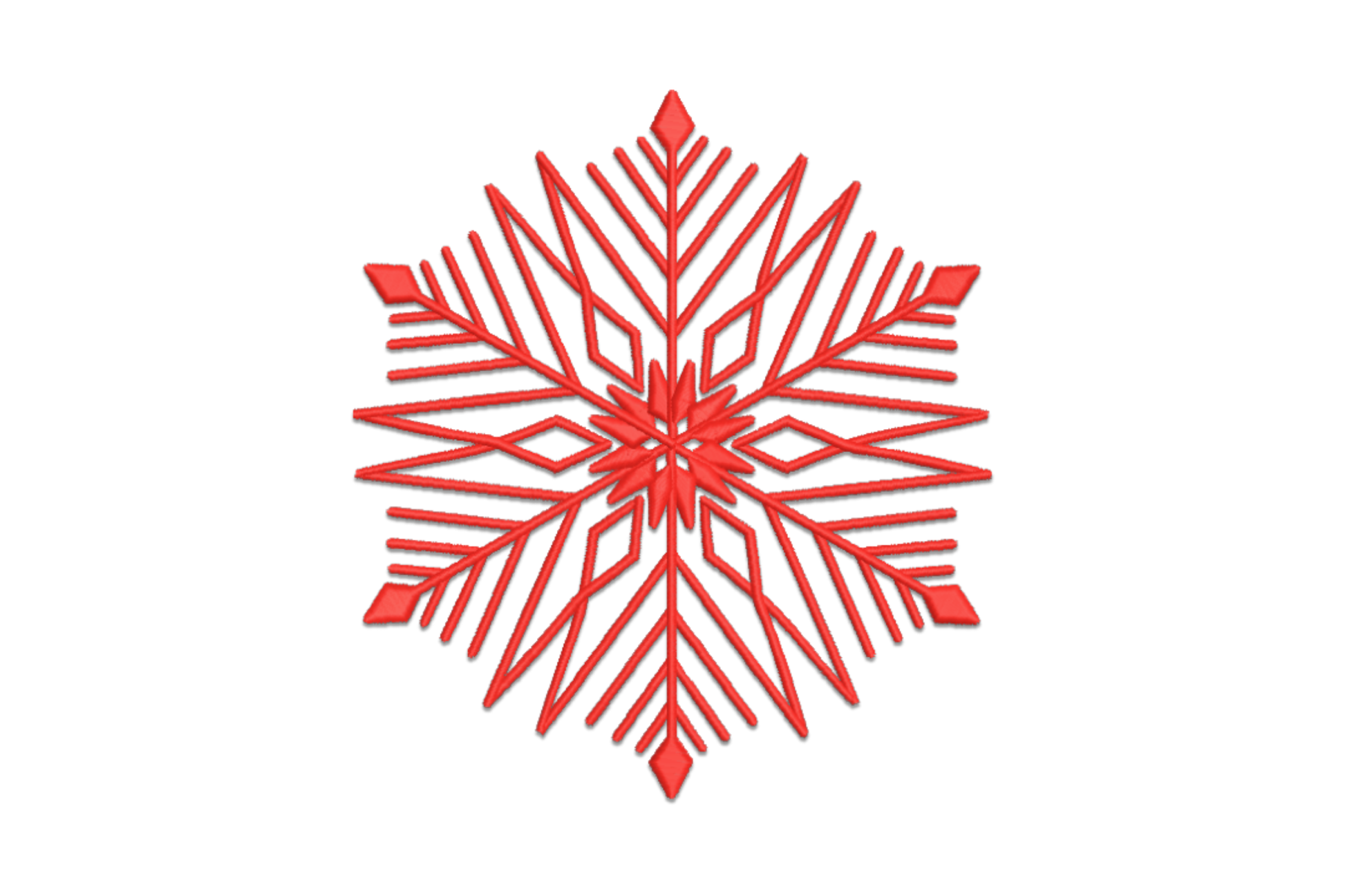 Red geometric snowflake machine embroidery design, straight diamond-tipped spines, angular Nordic style, single red thread