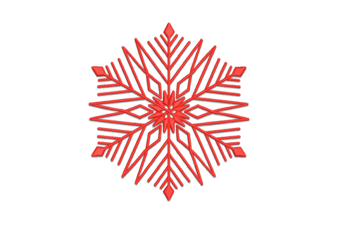 Red geometric snowflake machine embroidery design, straight diamond-tipped spines, angular Nordic style, single red thread